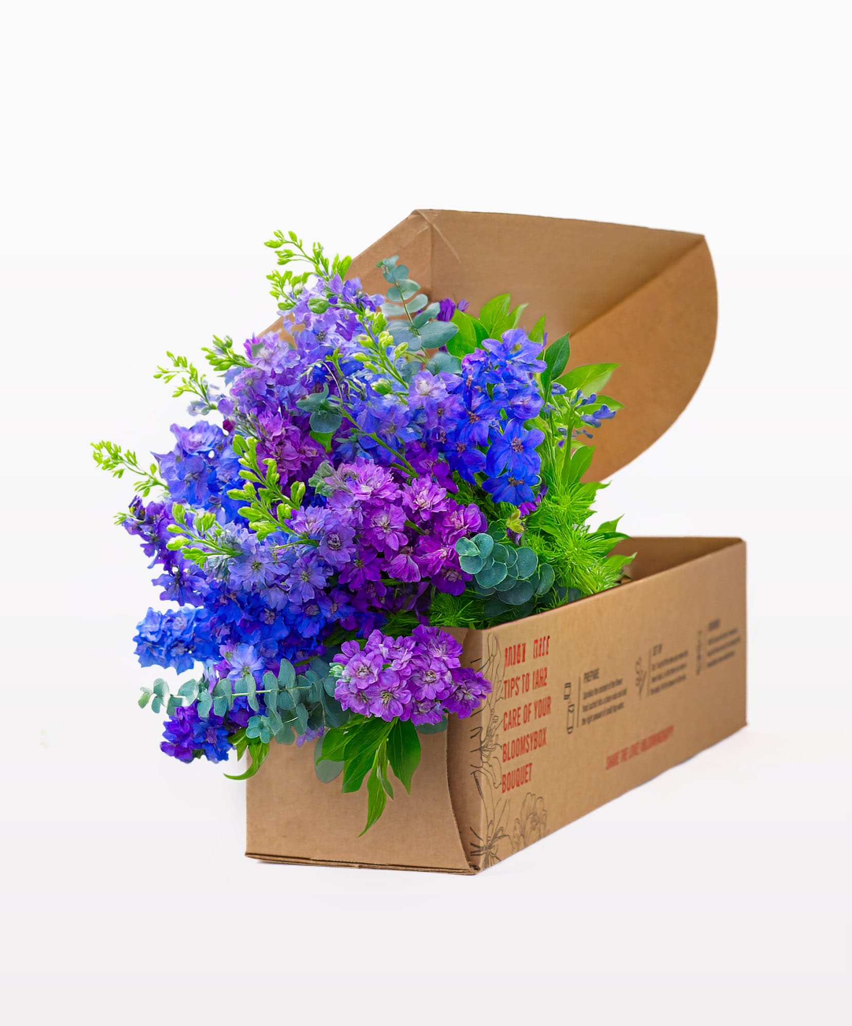 Vibrant bouquet of purple and blue delphiniums in eco-friendly packaging, ideal for gifting.